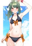  1girl armpits bad_anatomy bare_arms bare_legs bare_shoulders bikini black_bikini blush closed_mouth collarbone cowboy_shot green_hair grin highres kantai_collection long_hair looking_at_viewer navel ponytail smile solo swimsuit yellow_eyes yuubari_(kancolle) zarashi 