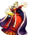  1girl asatani_tomoyo blonde_hair book breasts cape closed_mouth crown detached_sleeves dress fire_emblem fire_emblem:_the_binding_blade fire_emblem_heroes floating floating_object frills full_body fur_trim gem glowing gold_trim green_eyes guinevere_(fire_emblem) hair_bun hands_up highres jewelry long_dress long_hair long_sleeves magic medium_breasts necklace non-web_source official_art open_book puffy_sleeves red_dress serious solo transparent_background 