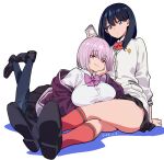  2girls black_hair black_pantyhose black_skirt blue_eyes bow bowtie breasts cellphone collared_shirt dated gridman_universe highres holding holding_phone jacket large_breasts long_hair medium_hair multiple_girls off_shoulder okuyama pantyhose phone pleated_skirt purple_bow purple_bowtie purple_hair purple_jacket red_bow red_bowtie red_eyes red_socks school_uniform shinjou_akane shirt skirt smartphone socks ssss.gridman takarada_rikka white_shirt 