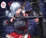  ! !! 1girl absurdres asymmetrical_bangs black_gloves black_ribbon blocking breasts chtv combat_shotgun detached_sleeves fingerless_gloves food girls&#039;_frontline gloves grey_hair gun hair_ribbon highres large_breasts long_hair miniskirt pleated_skirt pump_action red_eyes red_skirt ribbon shield shield_module shotgun shotgun_shell skewer skirt solo spas-12 spas-12_(girls&#039;_frontline) speech_bubble spoken_exclamation_mark surprised twintails weapon 