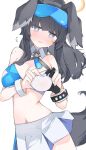  @_@ ^^^ animal_ears black_gloves black_hair blue-tinted_eyewear blue_archive blunt_bangs blush breasts covered_nipples cowboy_shot crop_top cuffs detached_collar dog_ears dog_girl dog_tail eyewear_on_head fingerless_gloves gloves halo halterneck hibiki_(blue_archive) hibiki_(cheerleader)_(blue_archive) highres large_breasts long_hair midriff mikozin miniskirt navel parted_lips purple_eyes safety_glasses sidelocks simple_background skirt star_(symbol) tail tinted_eyewear white_background white_skirt yellow_halo 