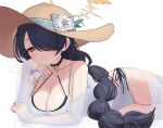  1girl 5uj0 :o black_hair blue_archive blush braid braided_ponytail breasts brown_headwear choker cleavage hair_over_one_eye halo hat highres hinata_(blue_archive) hinata_(swimsuit)_(blue_archive) large_breasts long_hair looking_at_viewer lying on_side one-piece_swimsuit red_eyes simple_background solo sun_hat swimsuit swimsuit_cover-up very_long_hair white_background 