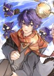  1boy golden_snitch gryffindor heixiu_heixiu highres hogwarts_legacy hogwarts_school_uniform holding holding_wand indie_virtual_youtuber long_sleeves looking_at_viewer male_focus open_mouth purple_eyes purple_hair quidditch scarf school_uniform short_hair shoto_(vtuber) striped striped_scarf virtual_youtuber wand wizarding_world 