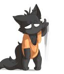  anthro black_body black_fur bottomless clothed clothing fluffy fluffy_tail fur half-closed_eyes head_tuft hi_res kota_(smite) league_of_legends loose_shirt male mouthless narrowed_eyes orange_clothing orange_shirt orange_topwear riot_games shirt simple_background smite_(artist) solo tail tired topwear tuft white_background white_eyes yordle 