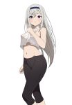  1girl absurdres bare_arms bare_shoulders black_leggings blue_eyes blue_hairband breasts breath coro_fae covered_nipples crop_top feet_out_of_frame grey_hair hair_between_eyes hairband highres kaguya-sama_wa_kokurasetai_~tensai-tachi_no_renai_zunousen~ leggings light_blush long_hair looking_at_viewer midriff navel paid_reward_available parted_lips shirogane_kei shirt simple_background sleeveless sleeveless_shirt small_breasts solo sportswear standing sweatdrop teeth white_background white_shirt 