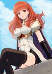  1girl black_gloves black_thighhighs blue_sky breasts cape celica_(fire_emblem) closed_mouth cloud crossed_legs day earrings fire_emblem fire_emblem_echoes:_shadows_of_valentia gloves gold_hairband hairband highres jewelry labebebe_lee long_hair medium_breasts orange_eyes outdoors purple_cape red_hair single_horizontal_stripe sitting sky smile solo thighhighs 