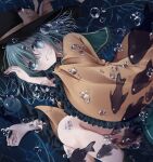  1girl black_footwear black_headwear bow bubble commentary_request feet_out_of_frame fish green_eyes green_hair hat hat_bow highres komeiji_koishi long_sleeves looking_at_viewer open_mouth rei_rf short_hair third_eye touhou underwater wide_sleeves yellow_bow 