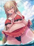  1girl ahoge akai_haato akai_haato_(3rd_costume) aqua_eyes ass_visible_through_thighs beach bikini bikini_skirt blonde_hair blue_sky blurry blurry_background blush breasts cleavage cloud day fang hair_between_eyes hair_ornament heart heart_hair_ornament highres hololive huge_breasts long_hair looking_at_viewer magowasabi navel open_mouth outdoors red_bikini red_ribbon ribbon signature skin_fang skirt sky smile solo standing summer swimsuit thick_thighs thighs underboob very_long_hair virtual_youtuber wading wet 