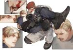  2boys absurdres bara black_pants black_shirt blonde_hair blood blood_on_face blue_eyes brown_hair bulletproof_vest carrying carrying_person couple grey_pants highres injury jack_krauser knee_pads leon_s._kennedy looking_at_another male_focus multiple_boys muscular muscular_male open_mouth pants parted_lips princess_carry resident_evil resident_evil_4 resident_evil_4_(remake) scar scar_across_eye scar_on_face scar_on_mouth shirt short_hair vetania white_shirt yaoi 