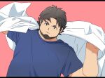  1boy bara beard belly birch_(pokemon) brown_hair dressing dutch_angle facial_hair highres lab_coat looking_at_viewer male_focus mature_male odmk_(jinnta4014) plump pokemon pokemon_(game) pokemon_rse serious shirt short_hair solo stubble thick_eyebrows upper_body 