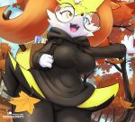  2023 4_fingers anthro autumn backpack big_breasts black_body black_clothing black_fur black_sweater black_topwear blue_eyes book bottomless bottomless_anthro bottomless_female braces braixen breasts clothed clothing eyewear falling_leaves featureless_crotch female fingers fur generation_6_pokemon glasses heterochromia multicolored_body multicolored_fur nintendo open_mouth orange_body orange_fur outside ozoneserpent plant pokemon pokemon_(species) round_glasses solo stick_in_tail sweater thick_thighs topwear tree wearing_glasses white_body white_fur wide_hips yellow_body yellow_eyes yellow_fur zoey_(ozoneserpent) 