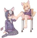  2girls ahoge animal_ears bare_legs barefoot black_hair blonde_hair blue_eyes chair chaosexceed feet fennery_(show_by_rock!!) foot_worship highres licking licking_foot multicolored_hair multiple_girls show_by_rock!! simple_background sitting smile soles spread_toes tail toes white_background yuri zebrina_(show_by_rock!!) 