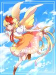  animal animal_on_head bird bird_on_head bird_tail bird_wings blonde_hair blue_sky brown_footwear chick chicken commentary_request dress feathered_wings highres miyapon531 multicolored_hair niwatari_kutaka on_head orange_dress red_hair shirt short_hair sky smile tail tail_feathers touhou two-tone_hair white_shirt wings yellow_wings 