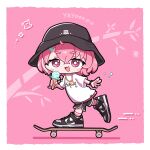  1girl :d adapted_costume bass_guitar black_headwear blush_stickers bucket_hat chibi crossed_bangs fang fender_precision_bass food gyorasuke hair_between_eyes hat highres holding holding_food holding_ice_cream ice_cream instrument looking_at_viewer nijisanji nike_dunk open_mouth pink_hair sasaki_saku shirt shoes short_hair skateboard skateboarding skin_fang smile sneakers solo streetwear t-shirt thick_eyebrows virtual_youtuber white_shirt 