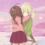  2girls blonde_hair blush braid brown_hair closed_mouth facing_away green_eyes green_skirt green_sweater highres holding holding_suitcase hug iovebly long_hair long_sleeves looking_to_the_side madotsuki multiple_girls outdoors pink_background pink_sweater pleated_skirt poniko ponytail red_skirt skirt snow standing suitcase sweater twin_braids water yume_nikki 
