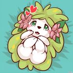  &lt;3 2021 ambiguous_gender bedding bedding_background blush butt elemental_creature female_(lore) feral flora_fauna flower front_view full-length_portrait generation_4_pokemon glistening glistening_eyes green_eyes heart_catchlight hi_res high-angle_view land_forme_shaymin legendary_pokemon looking_at_viewer looking_up lying maverick nintendo on_back open_mouth open_smile pink_flower plant pokemon pokemon_(species) portrait shaymin simple_background smile solo 