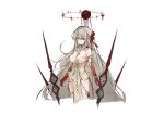  1girl absurdres armlet asano_shiraha bracelet breasts durga_(fate) earrings fate/grand_order fate_(series) highres jewelry large_breasts long_hair multiple_weapons polearm red_eyes red_ribbon revealing_clothes ribbon ring spear weapon white_background white_hair 