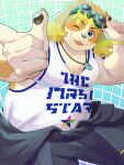  absurd_res amidasuke anthro belly blep blonde_hair blue_eyes canid canine canis clothing domestic_dog eyewear floppy_ears goggles hair hi_res hisaki_(live_a_hero) lifewonders live_a_hero male mammal one_eye_closed overweight shirt solo tank_top tongue tongue_out topwear wink 