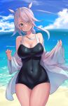  1girl bare_legs bare_shoulders beach black_one-piece_swimsuit blue_eyes blush braid breasts cleavage closed_mouth collarbone covered_navel cowboy_shot day grey_hair highres kantai_collection lanthan large_breasts long_hair long_sleeves looking_at_viewer ocean one-piece_swimsuit outdoors single_braid smile solo swimsuit umikaze_(kancolle) umikaze_kai_ni_(kancolle) very_long_hair wide_sleeves 