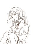  1girl cardigan closed_eyes collared_shirt commentary dress_shirt highres honda_sora kashikaze knees_up light_blush lonely_girl_ni_sakaraenai medium_hair monochrome neck_ribbon open_cardigan open_clothes parted_lips pleated_skirt ribbon school_uniform shirt simple_background sitting sketch skirt solo translated upper_body 