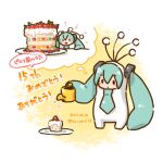  1girl anniversary antennae aqua_hair aqua_necktie black_eyes blush_stickers cake chibi commentary cosplay cream dated food fruit hair_ornament hatsune_miku holding holding_watering_can imagining kigurumi layer_cake long_hair necktie notice_lines plate prehensile_hair pylori_kin_no_uta_(vocaloid) sanpati solid_oval_eyes solo speech_bubble star_(symbol) strawberry thought_bubble translated twintails twitter_username very_long_hair vocaloid watering watering_can 