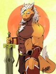  abs anthro armor chest_tuft clothed clothing dragon fingers fur hair hi_res horn lofnirv looking_at_viewer male melee_weapon muscular muscular_anthro muscular_male pecs pubes simple_background solo sword tail topless tuft weapon 