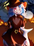  anthro clothing female food fruit halloween hat headgear headwear hi_res holidays hybrid one-eye_closed pink_kutal23 plant pumpkin red_eyes smile solo witch_hat 