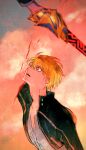  1boy abstract_background amputee arm_at_side black_jacket blonde_hair blood collarbone commentary_request ea_(fate/stay_night) fate/stay_night fate/unlimited_blade_works fate_(series) floating_hair gilgamesh_(fate) gilgamesh_(immoral_biker_jacket)_(fate) head_back high_collar highres holding holding_sword holding_weapon jacket male_focus open_clothes open_jacket open_mouth red_eyes severed_arm severed_limb shirt short_hair slit_pupils solo spoilers surprised sword upper_body weapon white_shirt wide-eyed zumu_(quw87) 