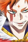  1boy black_clover black_clover:_sword_of_the_wizard_king blood blood_on_face blue_eyes breath close-up eyeliner facial_mark forehead_mark highres leopold_vermillion looking_to_the_side makeup male_focus orange_hair royal_robe short_hair smile solo sweat udonmoudon 