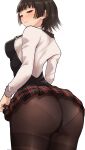  1girl ass ass_focus black_skirt black_vest blunt_bangs blush breasts brown_hair brown_pantyhose half-closed_eyes highres kurosususu long_sleeves looking_at_viewer looking_back medium_breasts niijima_makoto nose_blush panties panties_under_pantyhose pantyhose persona persona_5 plaid plaid_skirt pleated_skirt shirt simple_background skirt skirt_hold solo underwear vest white_background white_panties white_shirt 