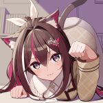  1girl :3 all_fours animal_ears ascot azki_(4th_costume)_(hololive) azki_(hololive) bent_over braid breast_press brown_hair brown_jacket cat_ears cat_tail closed_mouth collared_dress colored_inner_hair double-parted_bangs dress french_braid hair_between_eyes hair_intakes hair_ornament hairclip half_updo highres hololive jacket kuronaga long_hair looking_at_viewer mole mole_under_eye multicolored_hair official_alternate_costume official_alternate_hairstyle paw_pose pink_hair plaid plaid_dress ponytail purple_eyes short_ponytail sidelocks smile solo streaked_hair tail top-down_bottom-up very_long_hair virtual_youtuber white_ascot white_dress white_hair 