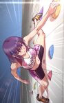  1girl breasts brown_eyes climbing climbing_wall hair_ornament highres iwakakeru!_sport_climbing_girls kasahara_konomi medium_breasts medium_hair midriff multicolored_footwear purple_hair sportswear watanabe_yoshihiro 