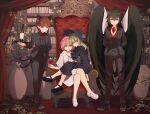  absurdres black_dress bottle cup dress drinking_glass green_eyes green_hair highres kaenbyou_rin komeiji_koishi komeiji_satori multiple_girls on_chair pink_hair red_eyes red_hair red_wine reiuji_utsuho senzaicha_kasukadoki sitting sitting_on_lap sitting_on_person suit_jacket touhou white_dress wine_bottle wine_glass wings 