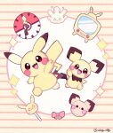  analog_clock bow brown_eyes candy clock food full_body hand_up lollipop milcery mochopaccho no_humans open_mouth pichu pikachu pink_bow poke_ball_theme pokemon pokemon_(creature) ribbon shaped_lollipop smile sparkle striped television twitter_username 
