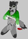  abs absurd_res animal_genitalia anthro balls black_sclera blep canid canine canis clothed clothing dark_hair fingers fox fur genitals green_eyes green_sweatshirt grey_background grey_body grey_fur grey_hair grey_nose hair hair_over_eye hand_under_shirt hi_res hybrid kneeling leaning leaning_back long_hair male male/male mammal messy_hair michael_tzerkan_(scarky0) no_underwear one_eye_obstructed penis pubes scarky0 sheath simple_background smile smirk solo sweatshirt tongue tongue_out topwear wolf 