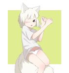  1girl absurdres animal_ears arms_up black_eyes blush feet_out_of_frame fei_ren_zai fox_ears fox_girl fox_tail goose_g3 green_background highres jiuyue_(fei_ren_zai) kyuubi multiple_tails navel one_eye_closed open_mouth panties shirt short_sleeves solo tail underwear white_panties white_shirt white_tail 