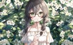  1girl bare_shoulders blush bow braid brown-framed_eyewear brown_hair cevio closed_mouth collarbone covering_mouth detached_sleeves dot_nose flower flower_focus glasses green_eyes hair_between_eyes hair_bow halterneck hanakuma_chifuyu hedge holding holding_flower long_hair looking_at_viewer noneon319 own_hands_together raised_eyebrows shirt sidelocks sleeveless sleeveless_shirt smile solo synthesizer_v twin_braids upper_body white_bow white_flower white_sleeves 