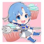  aqua_hair armor blue_eyes breastplate chibi collared_shirt cupcake fire_emblem fire_emblem:_the_binding_blade food fork harukka holding holding_fork looking_at_viewer medium_hair shanna_(fire_emblem) shirt short_sleeves thighhighs 