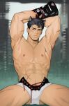  1boy abs absurdres alternate_muscle_size animal_ears armpits arms_up ass_visible_through_thighs bara black_hair boxing_gloves cross-laced_clothes cross-laced_legwear cross_scar dog_ears ear_piercing feet_out_of_frame genshin_impact grey_hair hair_between_eyes highres katto8452 large_pectorals looking_at_viewer male_focus male_pubic_hair muscular muscular_male navel nipples open_clothes open_shorts paid_reward_available pectorals piercing pubic_hair pubic_hair_peek scar shiny_clothes short_hair shorts solo spread_legs stomach thick_eyebrows thick_thighs thighs too_many_scars topless_male wriothesley_(genshin_impact) 