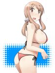  1girl :d ass bikini blush breasts brown_eyes brown_hair butt_crack commentary_request flying_sweatdrops from_behind hair_ornament hair_scrunchie katatsuka_kouji large_breasts long_hair looking_at_viewer matsumoto_yoriko open_mouth red_bikini scrunchie side-tie_bikini_bottom sidelocks simple_background smile solo standing swimsuit teacher twisted_torso white_background yuyushiki 