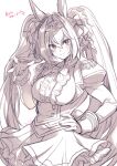  1girl animal_ears breasts closed_mouth daiwa_scarlet_(umamusume) ear_ribbon epaulettes greyscale hair_between_eyes hair_intakes hand_on_own_hip highres horse_ears horse_girl long_hair looking_at_viewer medium_breasts monochrome simple_background smile solo takatsuki_ichi tiara twintails umamusume uniform very_long_hair white_background 