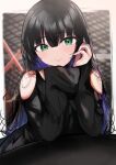  1girl absurdres black_hair blurry bocchi_the_rock! chin_piercing colored_inner_hair depth_of_field gothic green_eyes hair_between_eyes highres hime_cut long_hair looking_at_viewer multicolored_hair pa-san piercing purple_hair smile solo sunya_(honorin-yuunibo) upper_body 