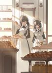  2girls apron black_dress black_hair blurry blurry_foreground bread brown_eyes cake cake_slice closed_mouth commentary_request depth_of_field dress food frilled_apron frills fruit highres holding holding_tray indoors long_hair long_sleeves maid maid_apron maid_headdress multiple_girls one_eye_closed open_mouth original puffy_long_sleeves puffy_sleeves sandwich shii_(kairi-t-k0317) standing strawberry sweat tongs tray very_long_hair white_apron 