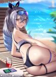  1girl adapted_costume ass bandaid bandeau bare_arms bare_shoulders bikini blue_sky blurry blurry_background breasts commentary cup day drinking_glass grey_eyes grey_hair helloimtea highres honkai:_star_rail honkai_(series) large_breasts long_hair looking_at_viewer ocean outdoors ponytail silver_wolf_(honkai:_star_rail) sky solo sparkle swimsuit thigh_strap thighs water wine_glass 