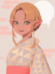  1girl :d alternate_costume bellhenge braid brown_background green_eyes japanese_clothes kimono long_sleeves looking_at_viewer obi parted_bangs pointy_ears princess_zelda sash smile solo teeth the_legend_of_zelda upper_teeth_only white_background 