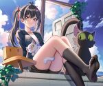  1girl absurdres ahoge animal animal_ears animal_on_lap black_cat black_shorts black_socks blue_jacket cat chair closed_mouth cloud daijin_(suzume) door fanged_bangs feet hair_between_eyes hair_ornament hairclip highres iwato_suzume jacket legs legs_together lone_nape_hair long_hair long_sleeves looking_at_viewer lulalalaa munakata_souta munakata_souta_(chair) no_shoes on_lap open_clothes open_door open_jacket ponytail red_ribbon ribbon sadaijin_(suzume) scenery shirt shorts sitting skirt sky smile socks solo suzume&#039;s_chair suzume_no_tojimari tail thighs toes white_cat white_shirt x_hair_ornament yellow_eyes 