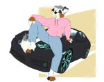  anthro australian_shepherd bottomwear canid canine canis car claws clothing denim denim_clothing domestic_dog herding_dog honda_civic hoodie jayfrid jeans kiba_aussie male male/male mammal pants pastoral_dog paws pink_clothing pink_hoodie pink_topwear sheepdog sitting_on_car smug solo topwear vehicle 