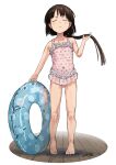  1girl absurdres alternate_costume bare_arms bare_legs bare_shoulders barefoot black_hair blunt_bangs casual_one-piece_swimsuit closed_eyes closed_mouth collarbone full_body hakurei_reimu highres holding_own_hair innertube legs_apart misohagi no_hair_bow no_hair_ornament one-piece_swimsuit polka_dot polka_dot_swimsuit signature silent_sinner_in_blue solo standing swimsuit touhou touhou_bougetsushou white_background wooden_floor 