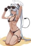  1girl armpits bikini black_bikini black_footwear black_gloves blue_archive breasts brown_eyes brown_gloves chan_ye2 dark-skinned_female dark_skin demon_tail eyewear_on_head gloves grey_hair grey_halo hair_over_one_eye halo highres iori_(blue_archive) iori_(swimsuit)_(blue_archive) kneeling long_bangs long_hair looking_at_viewer medium_breasts navel official_alternate_costume presenting_armpit red_eyes revision sandals simple_background solo stomach sunglasses swimsuit tail toes twintails white_background 