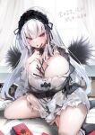  1girl between_breasts breasts cleavage commentary_request curtains dated dress food food_in_mouth grey_hair hairband highres huge_breasts indoors lolita_hairband long_hair looking_at_viewer pocky pocky_day red_eyes rozen_maiden sitting solo suigintou tousen white_dress 